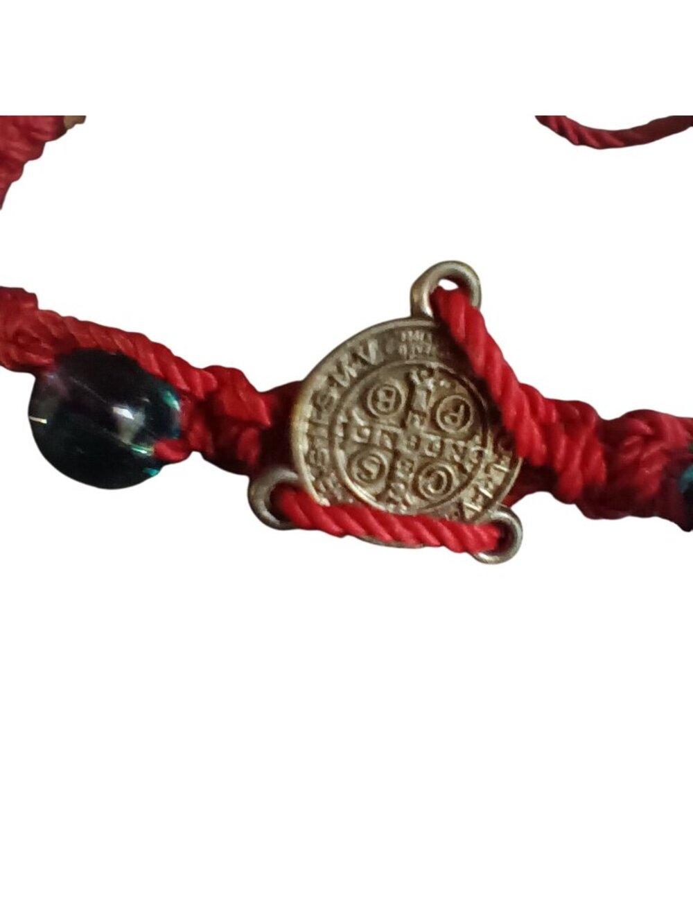 Vintage Bracelet Catholic Handmade Red Braided Glass Beads & Metal Charm